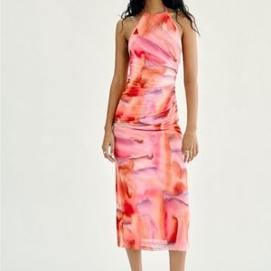 Zara PRINTED TULLE MIDI DRESS
NWT Size Various 
Dress with tied halter neckline